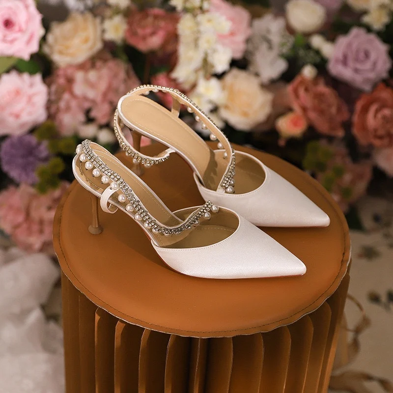 2024 Spring/Summer One line Wrap Head Sandals French Pearl Water Diamond White Wedding Shoes High Heels Slim Heels