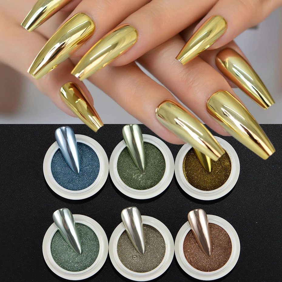 مجموعة بودرة لامعة للأظافر مكونة من 6 ألوان، مجموعة بودرة أظافر كروم بلون الشمبانيا الوردي المجسم بتأثير مرآة وأصباغ مانيكير ديكور