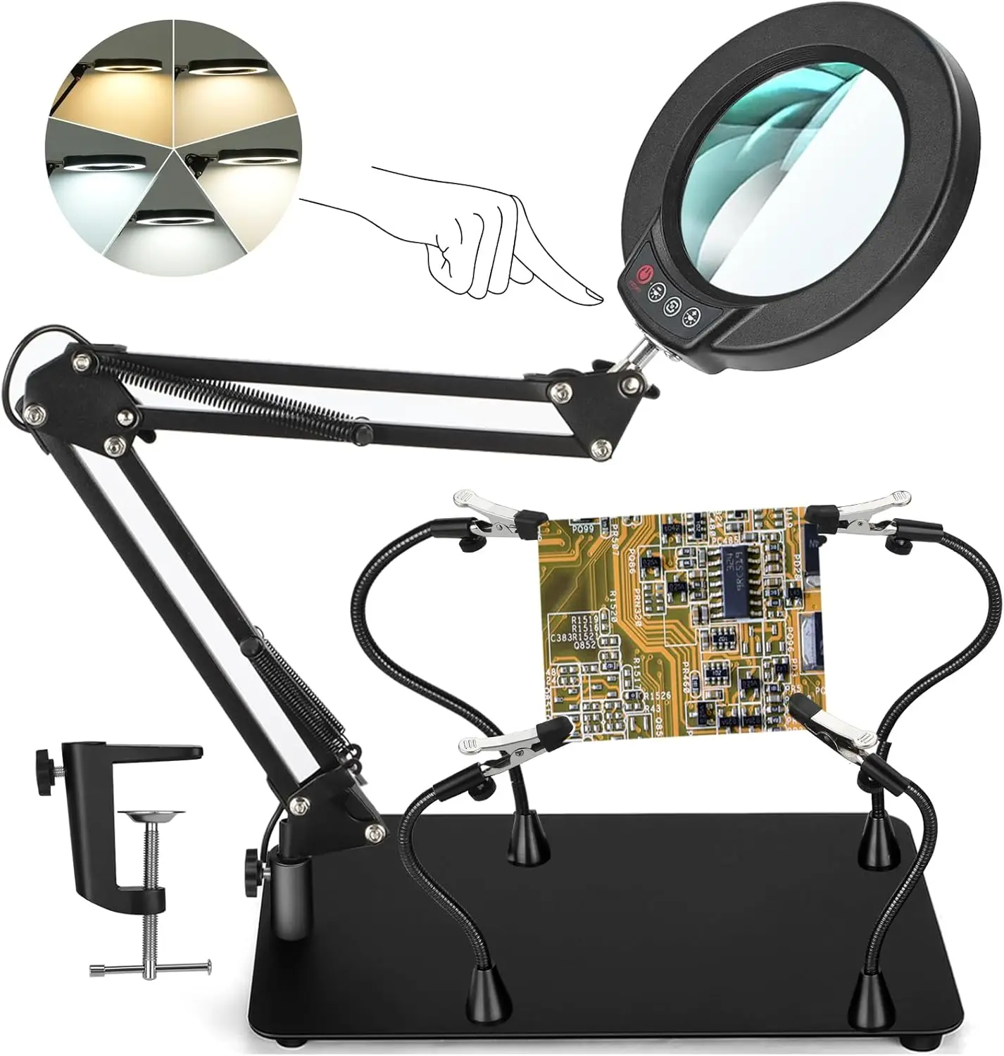 dering Helping Hands 10X Magnifying Glass With Light And Stand, Magnetic Magnifier Desk Lamp With Pcb Holder，Soldering