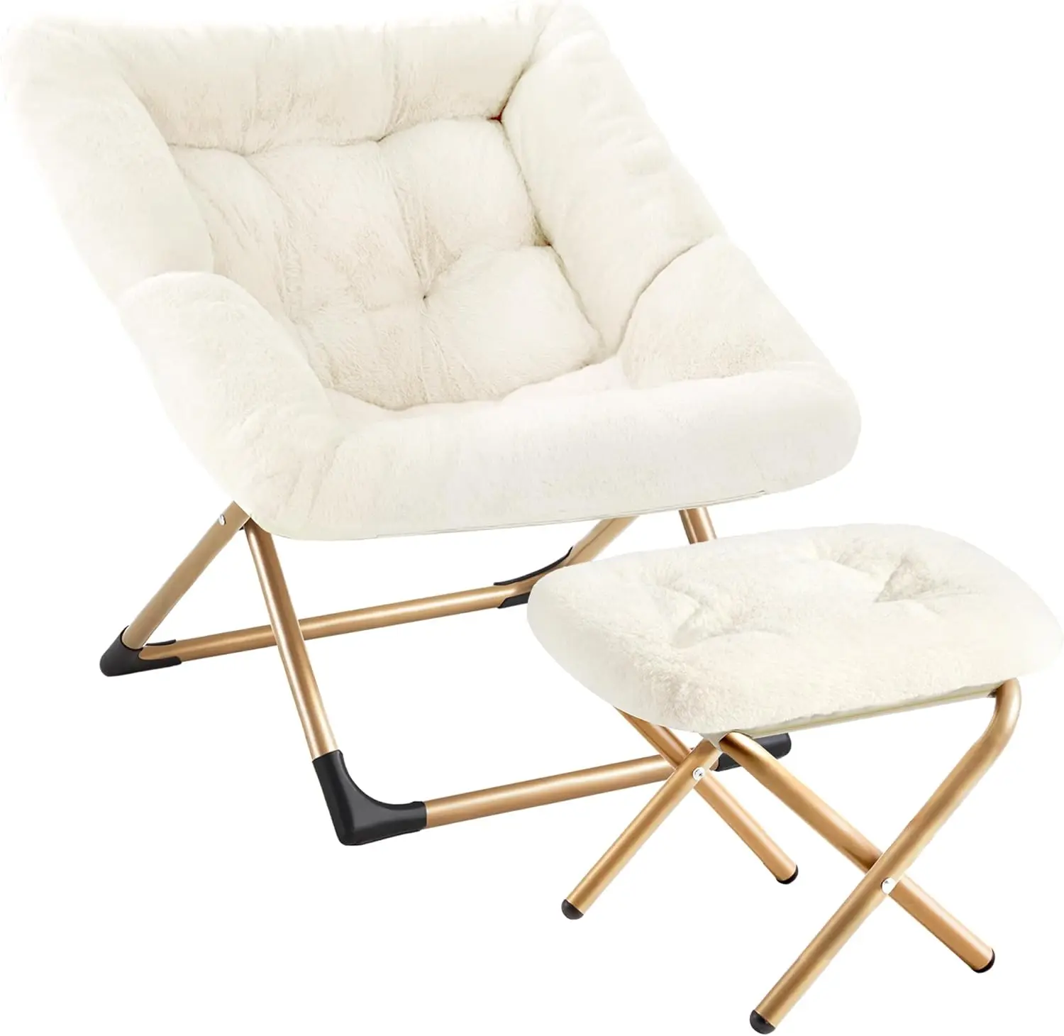 

Oversized Saucer Chair with Ottoman Soft Faux Fur Reading Lounge for Adults Stable Metal Frame Non Slip Pad Beige