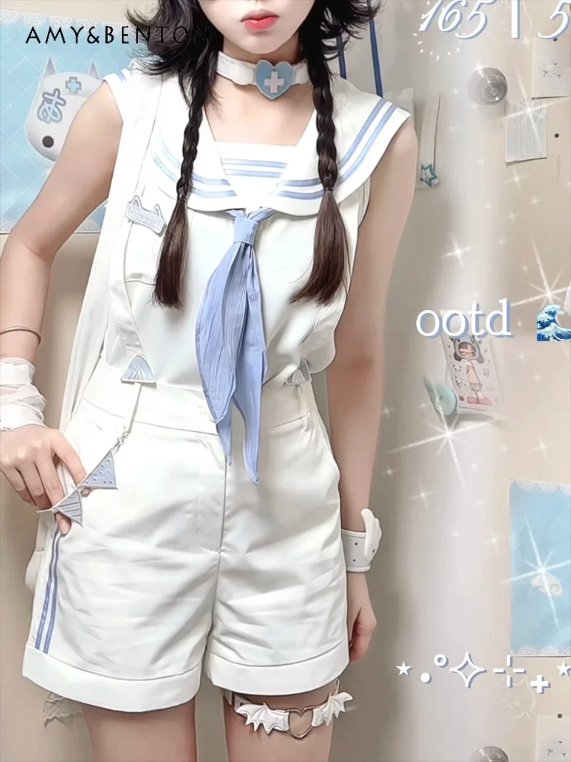 

Japanese Sweet Sailor Collar Bow Tie Sleeveless Loose Slimming Shirt Detachable Strap Shorts Two-Piece Sets Women Kawaii Outfits