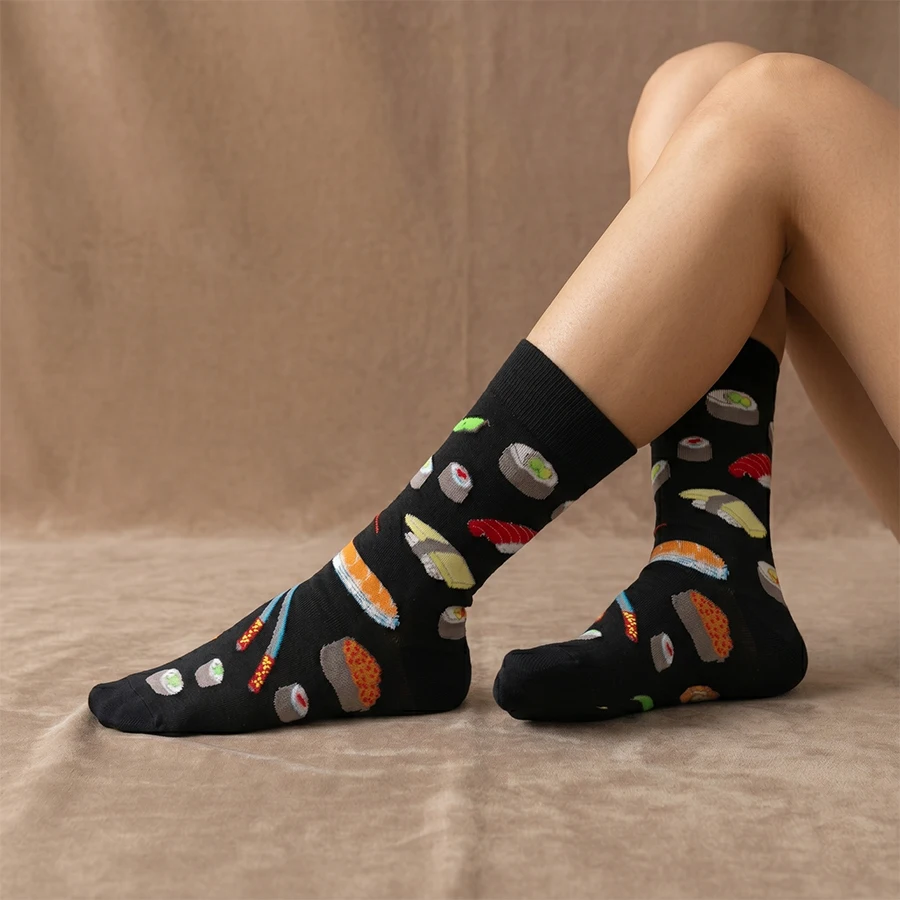 1 Pair, Unisex, Black Base with Colorful Sushi and Chopstick Patterns, Pure Black Ribbed Cuff, Polyester, Breathable, Fun, Mid-Calf Socks, Suitable for Everyday Wear