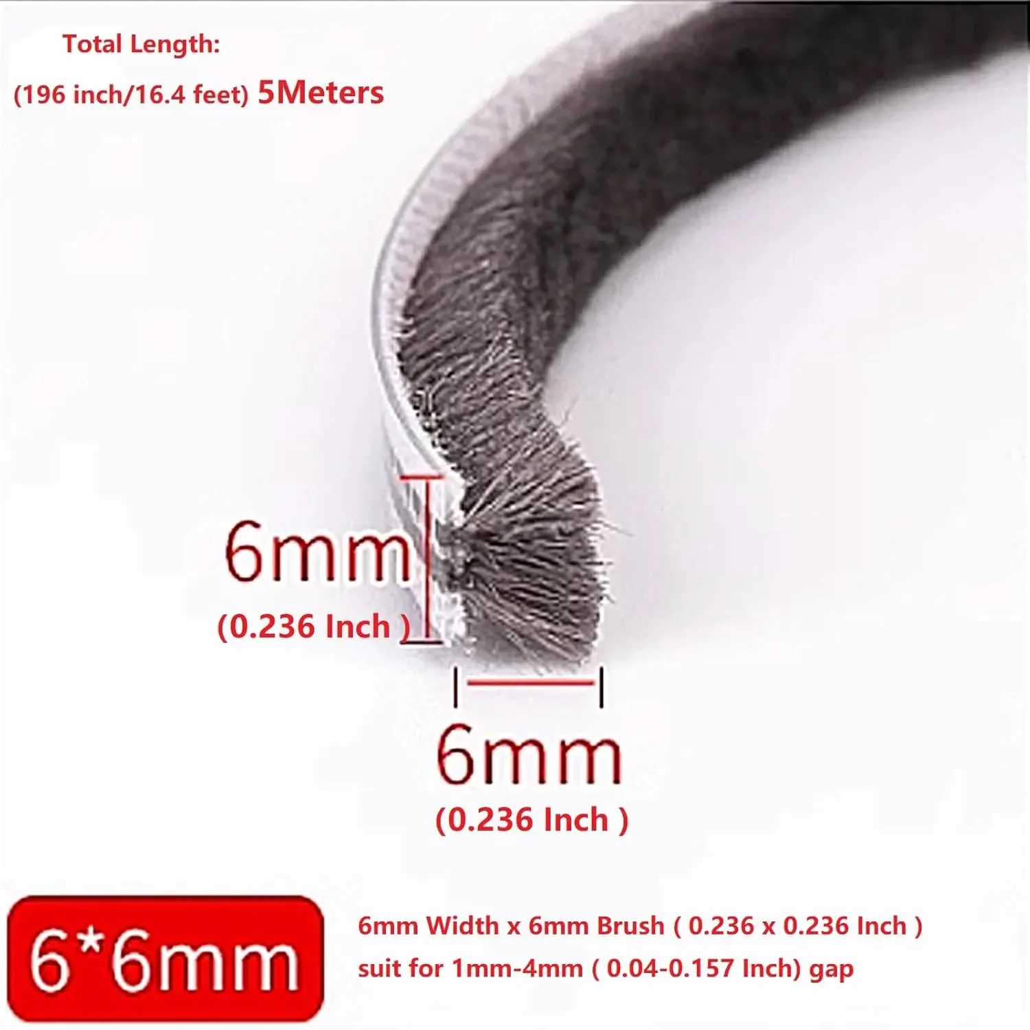 10M 20M Optional 6×6mm Sliding Door Window Brush Seal Strip, Aluminum Base Dustproof Weatherstrip Draught Excluder Seal Tape