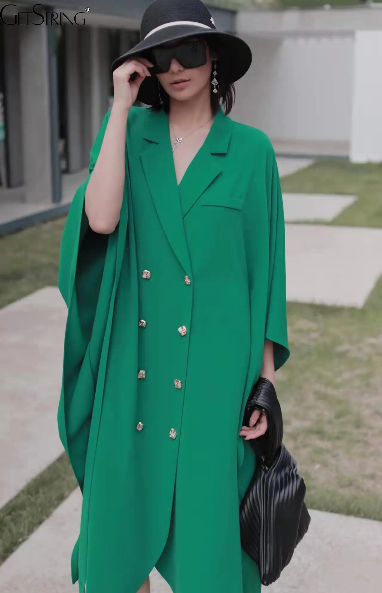 معطف نسائي من TANNT موضة خريف 2025 بأكمام تشبه جناح الخفّاش مزدوج الصدر سترة واقية باللون الأسود والأخضر معطف طويل فضفاض #2