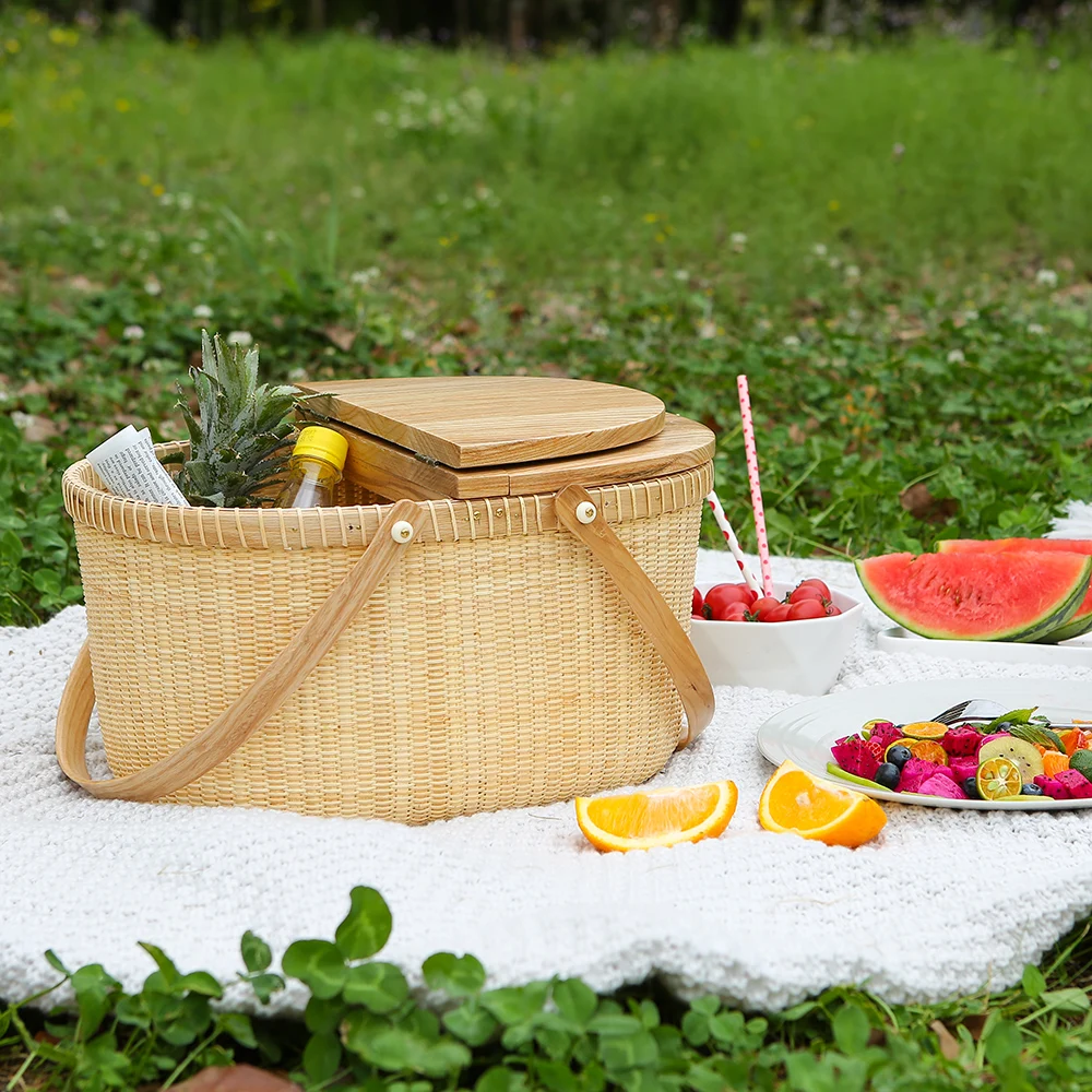 

Natural Rattan Storage Box Double Open Lid Shopping Basket Multifunctional Vegetable Container Outdoor Convenience Picnic Basket