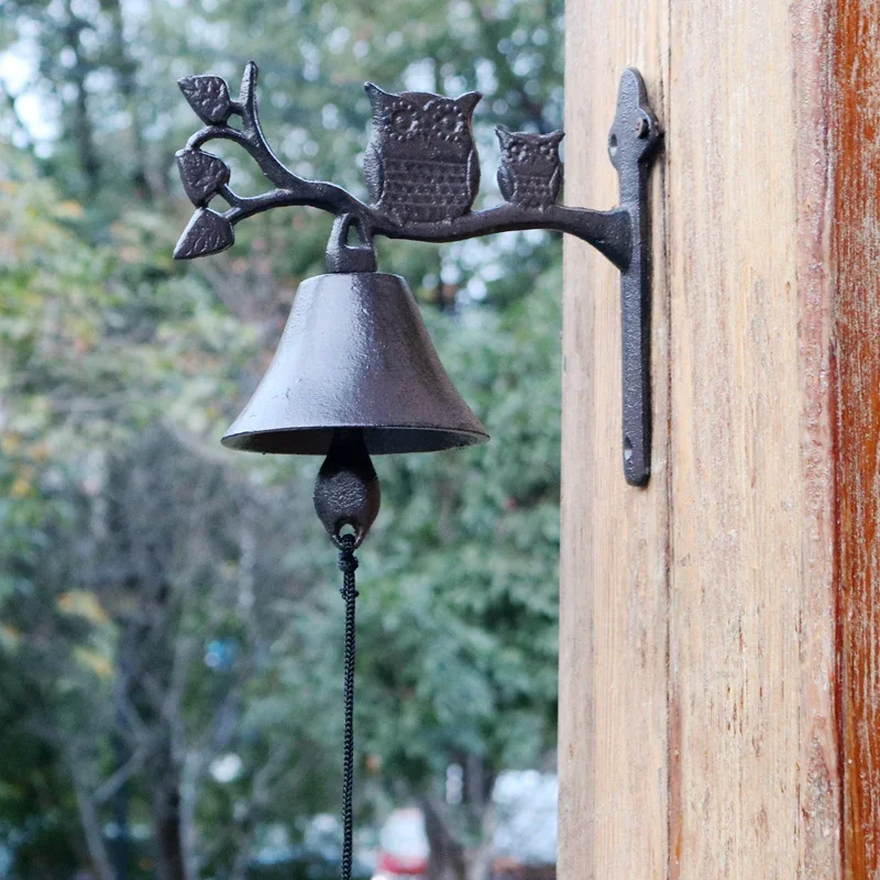 Owls On Branch Cast Iron Wall Bell Black Mother Baby European Home Garden Decor Antique Hand Cranking Iron Welcome Door Bell
