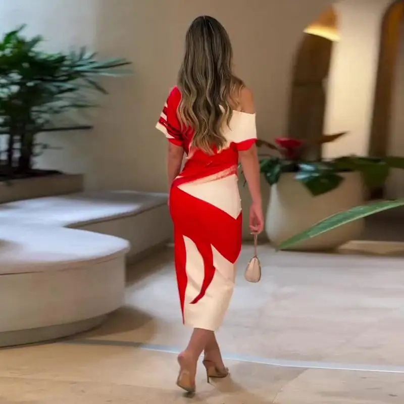 

2025 New Red Print Slim Fit Wrap around Shoulder Cross Neck Dress Women's Fashionable City Walk Short Sleeve Polyester Dress