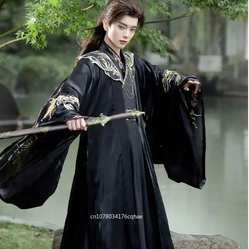 

Original Black Hanfu Men's Traditional Chinese Cross Collar Embroidery Suits Festive Stage Performance Swordsman Cosplay Costume
