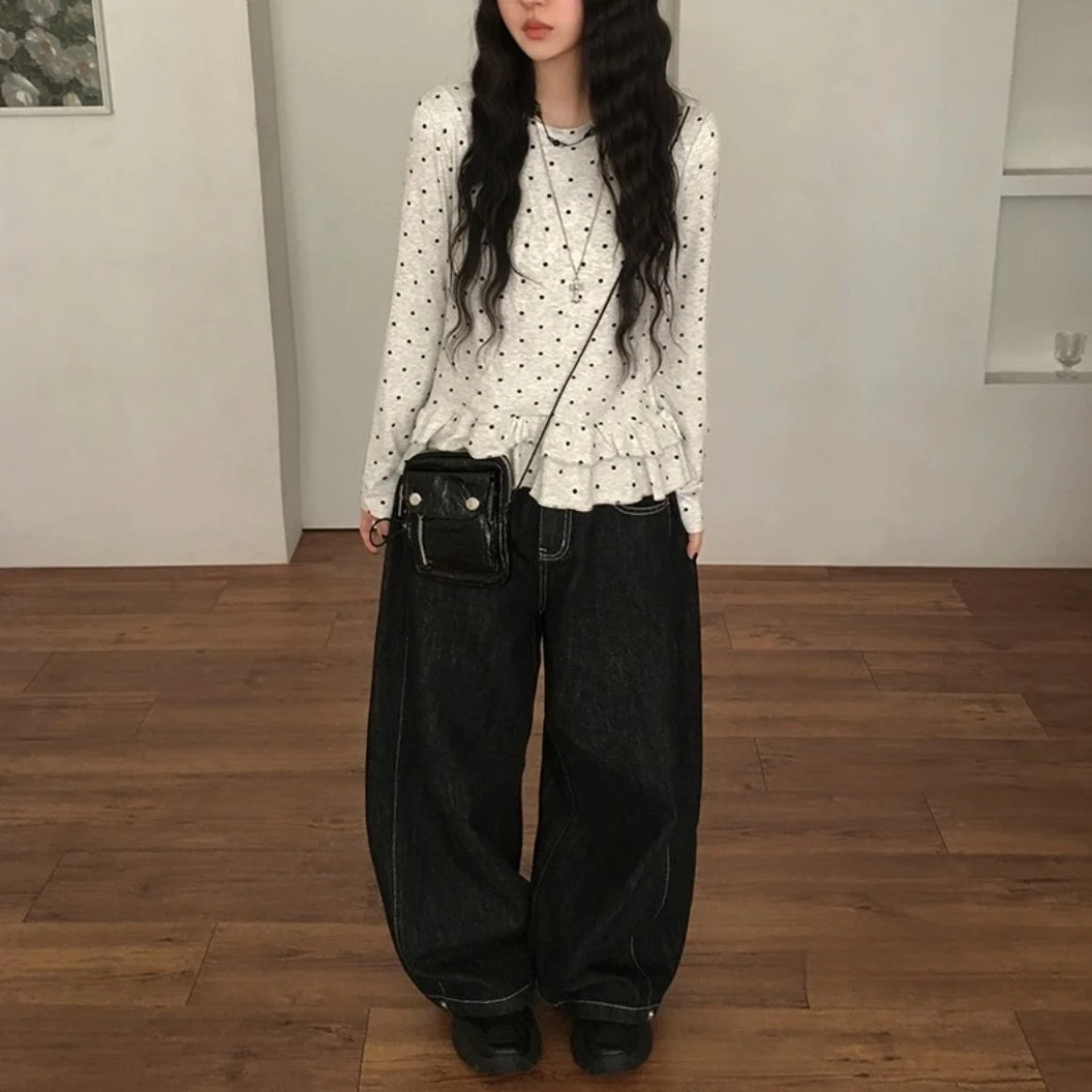 Korean Style Sweet Polka Dot Round Neck Slimming Ruffled Long Sleeved T-shirt Top For Women