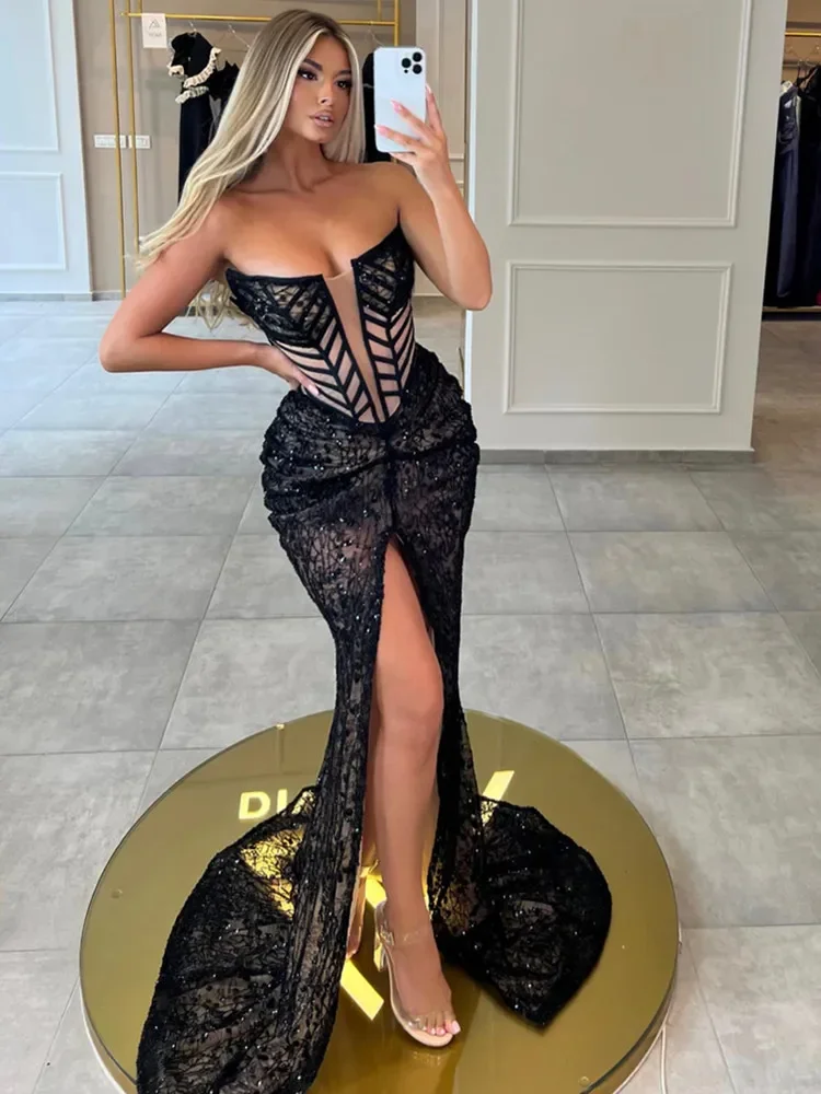 

Women Celebrity Sexy Strapless Backless Black Lace Maxi Long Dress 2024 Elegant Evening Party Dresses Stage Performance Costume