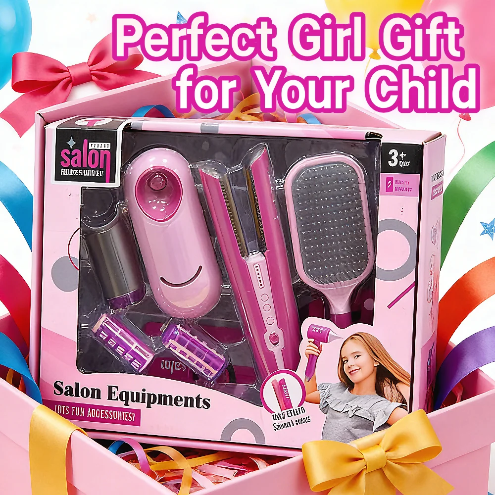 Kit de juguetes de peluquería de belleza para niñas de 8 piezas con alisador y accesorios de peinado, juego de estilista de muñecas de juego de simulación de moda, Navidad