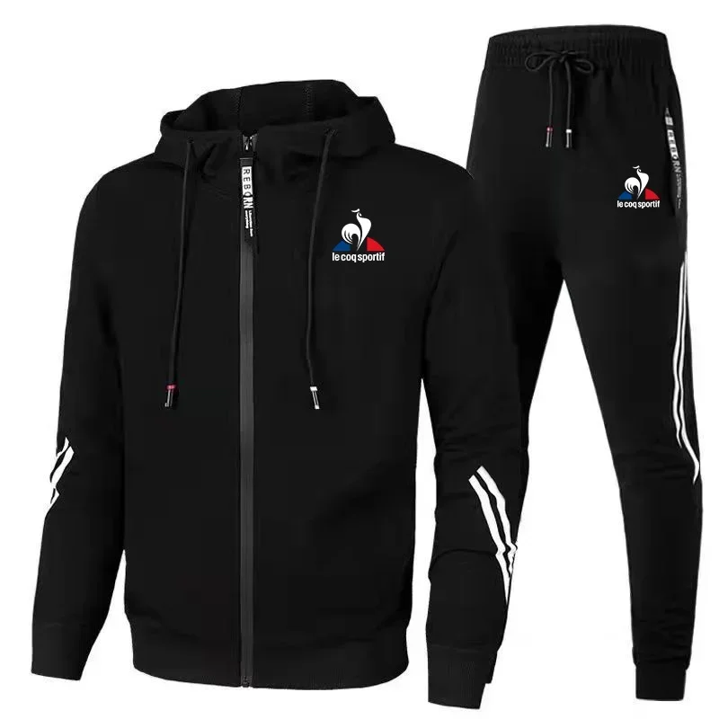 Men's Fashion Printed Zipper Hoodie + Drawstring Sweatpants Suit Men's Sportswear Autumn and Winter Warm Windproof Sportswear