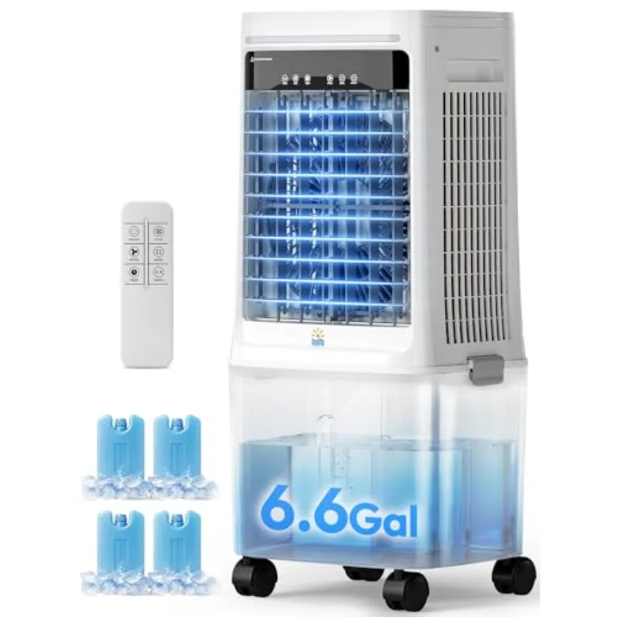 

3-in-1 Portable Evaporative Air Cooler for large room and outdoor use, plastic housing, white, 2000 CFM airflow with dual 6.6-g