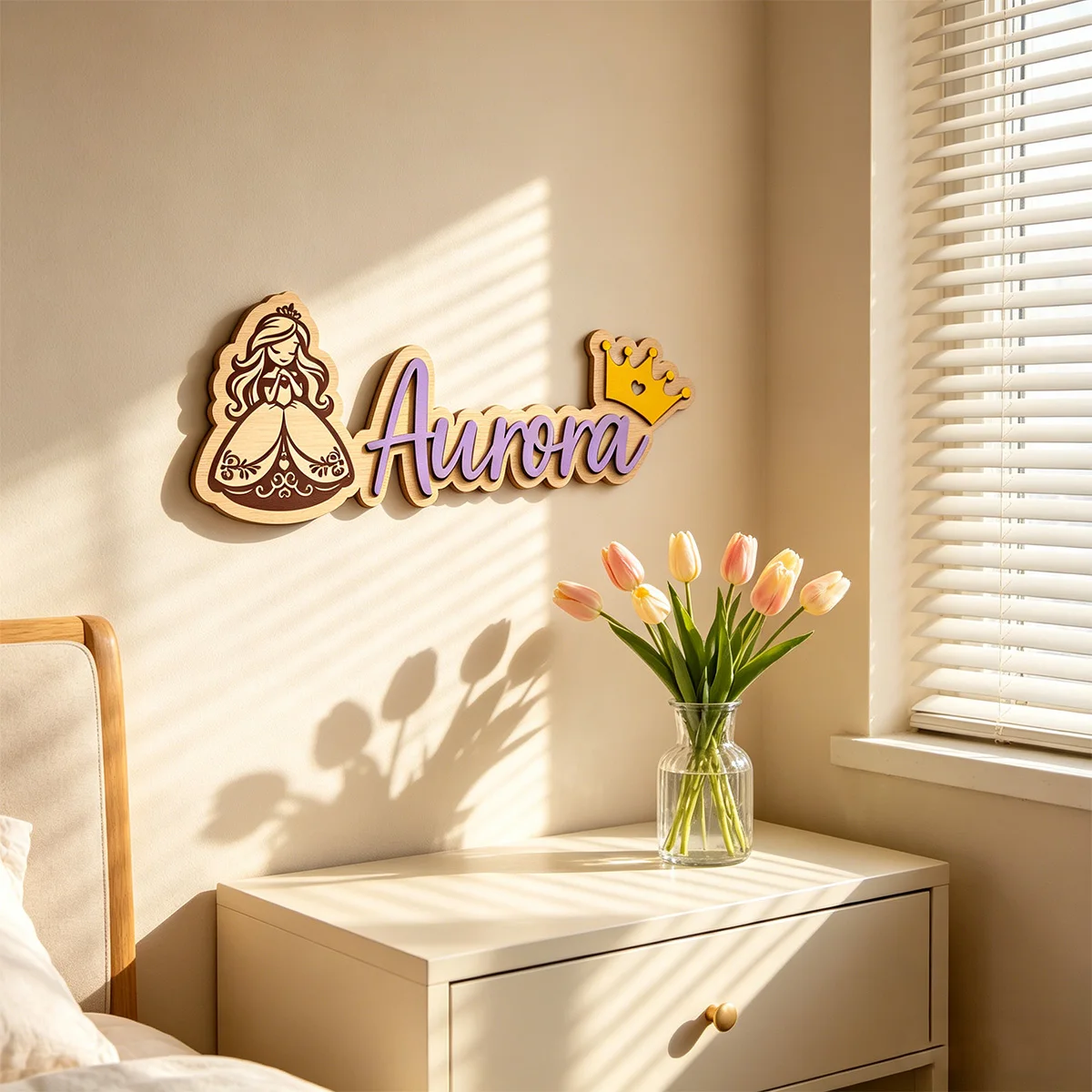 1pc wooden surname nameplate for children's room, custom content, cute cartoon princess pattern, multi scene decoration gift view 2