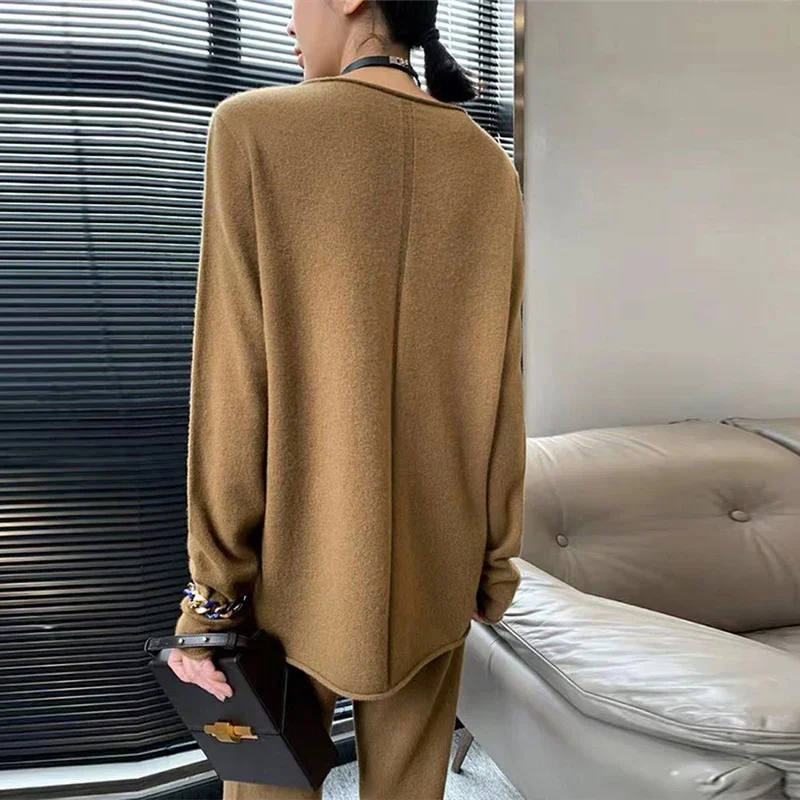 Chic Cashmere Sweater + Wide Leg Pants Women Elegant Winter Fall Business Pants Sets Ladies Streetwear Luxury Knit 2 Piece Sets