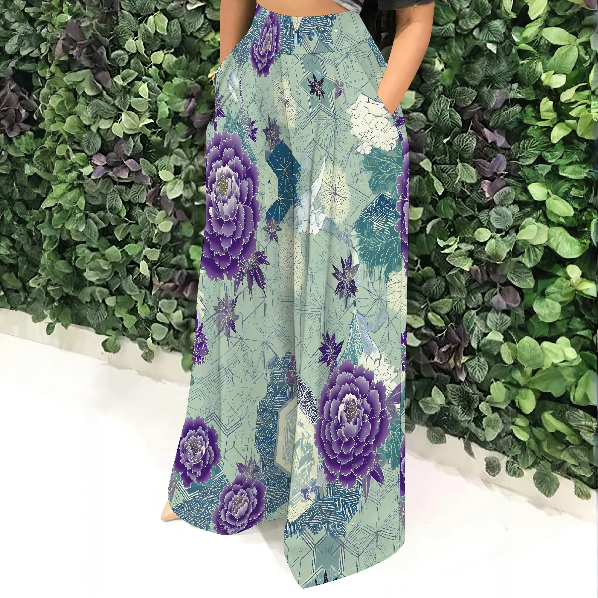 Floral High Waist Wide Leg Pants, Purple Peony Print Loose Trousers, Summer Casual Beachwear for Women, S-2XL