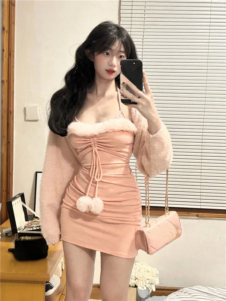 2023 Autumn Slim Bodycon Suit Woman Sleeveless Y2k Mini Dress + Casual Crop Tops Kawaii Pink Set Elegant Korean Fashion Clothing