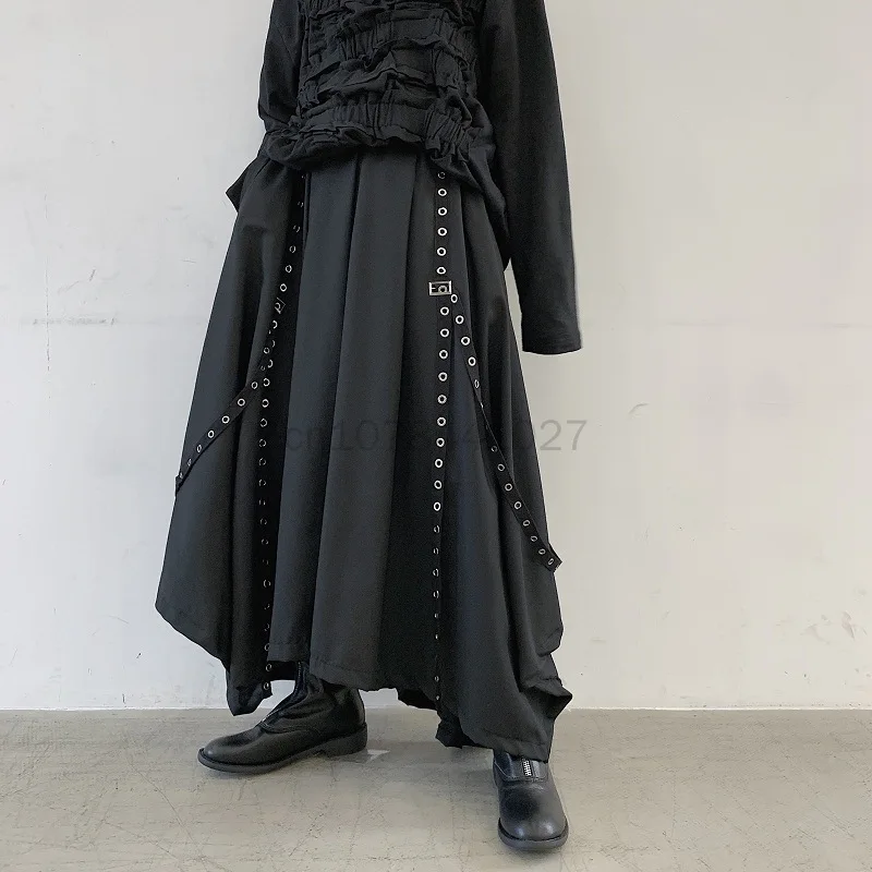 2023 Men Ribbon Dark Black Wide Leg Pants Male Women Japan Punk Gothic Harem Trousers Kimono Skirt Pants