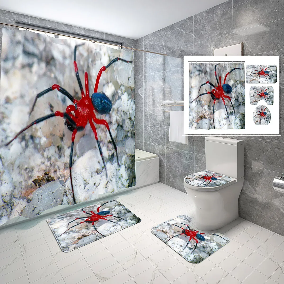 4 Pcs Shower Curtain Set 3D Insect Spider Photos Shower Curtain Bathroom Non-Slip Bath Mat Toilet Cover Shower Curtain Set