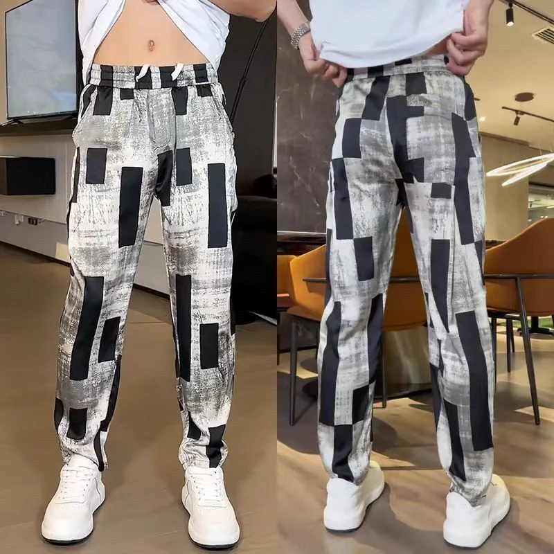 Summer 2026 Men's Loose Fit Ice Silk Printed Casual Pants Straight Leg Trousers Fashionable Plaid Pattern Casual Trousers