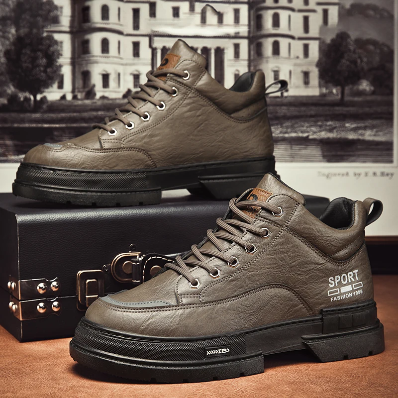 Men Casual Leather Boots Fashion High Top Men Shoes Trendy Black Sports Leather Shoes Platform Ankle Boots Tênis Masculino