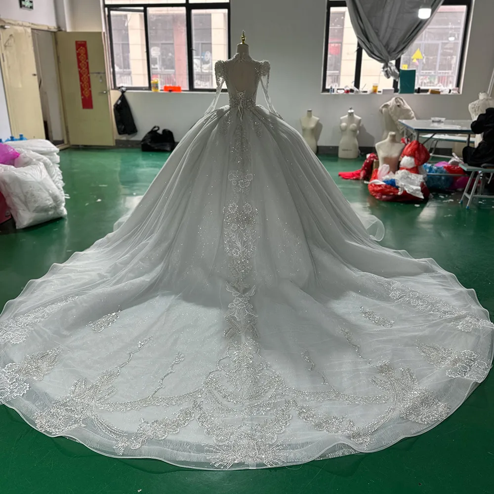 Vestidos de casamento requintados para mulheres, vestido de baile, mangas curtas, decote em v, laço, sem costas, lantejoulas, XS027