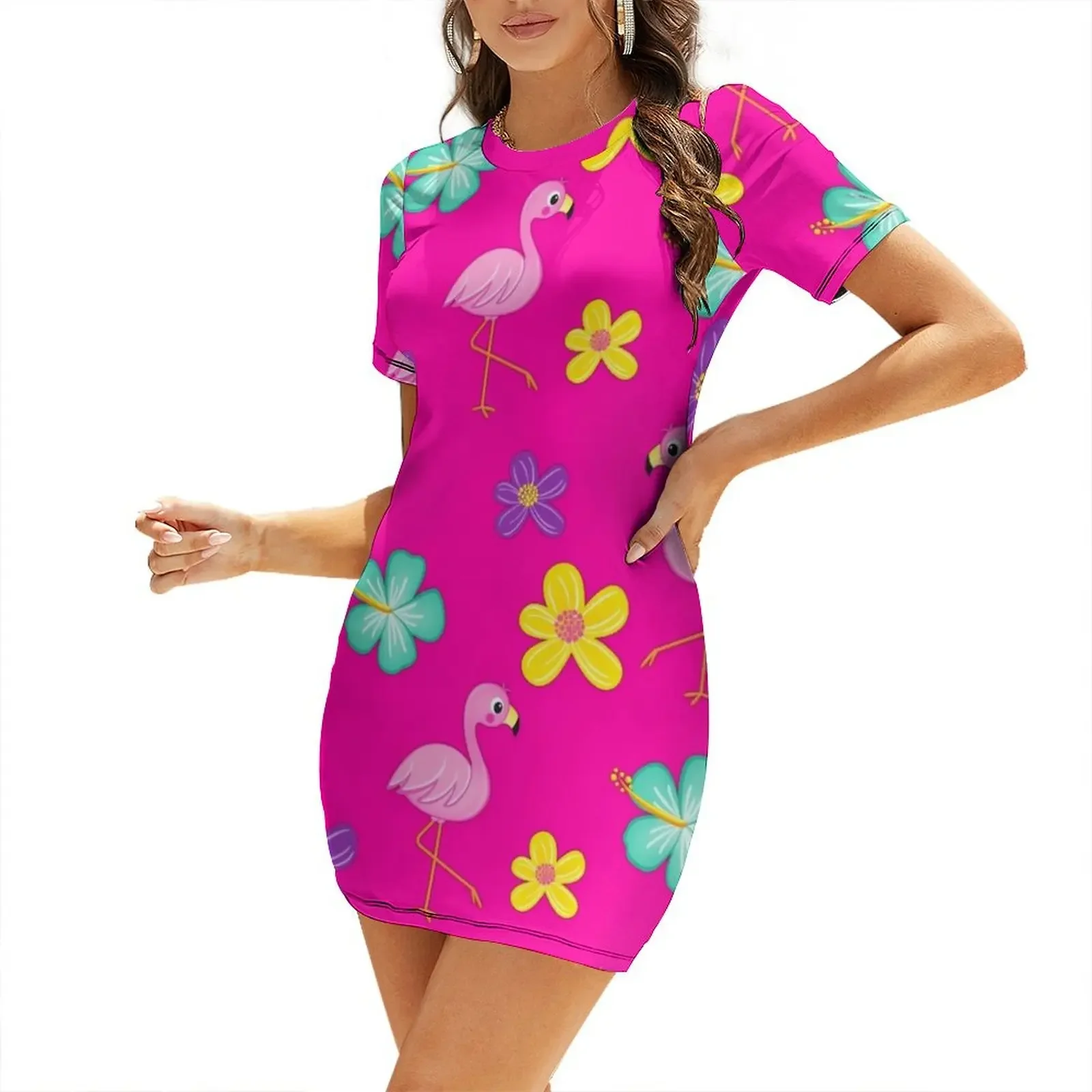 

Flamingos and Flowers Pink Short-Sleeved Dress luxury evening dress woman for wedding evening dress women ceremony dresses