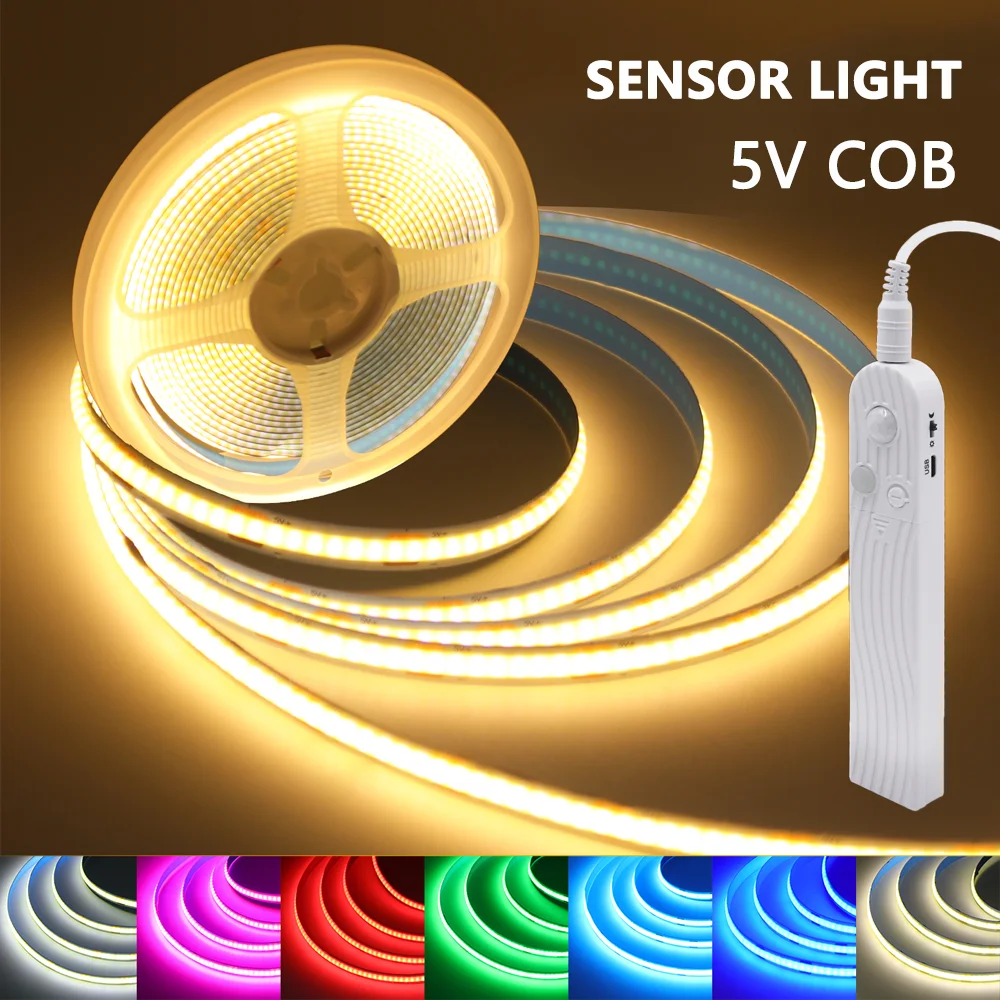 

5V COB LED Strip Light PIR Motion Sensor Night Light 320LEDs/M Dimmable Flexible LED Tape Ribbon Linear Lighting 3MM 5MM 8MM