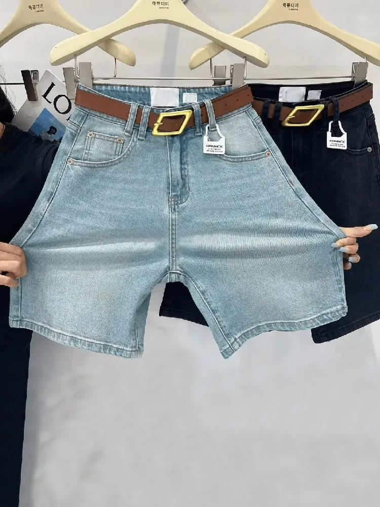 

High Waist Elastic Denim Shorts Women's Summer Straight Leg Five-Quarter Pants plus Size Light Blue Casual Zipper Style