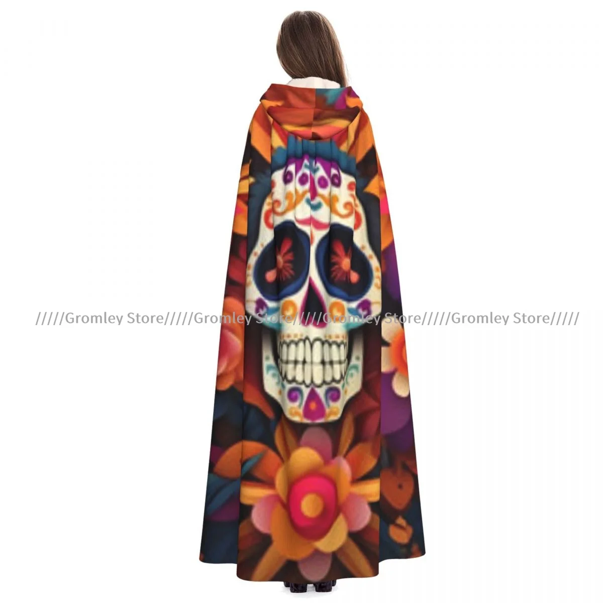 

Medieval Halloween Cosplay Cloak Hooded Coat Day Of The Dead Sugar Skull Cape Coat Long Trench Costume Wizard Cloak