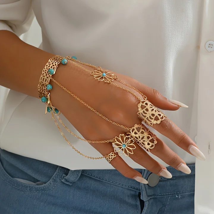 

Fashion Punk Style Hollow Metal Bracelet Chain Linked Hollow Flower Ring Bohemian Pattern Green Pendant Single Piece Accessory