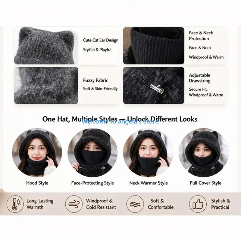 X4YC Hooded Neck Warmer with Face Cover, Thick Fuzzy Knit and Adjustable Drawcord Opening for Cold Weather Travel Days