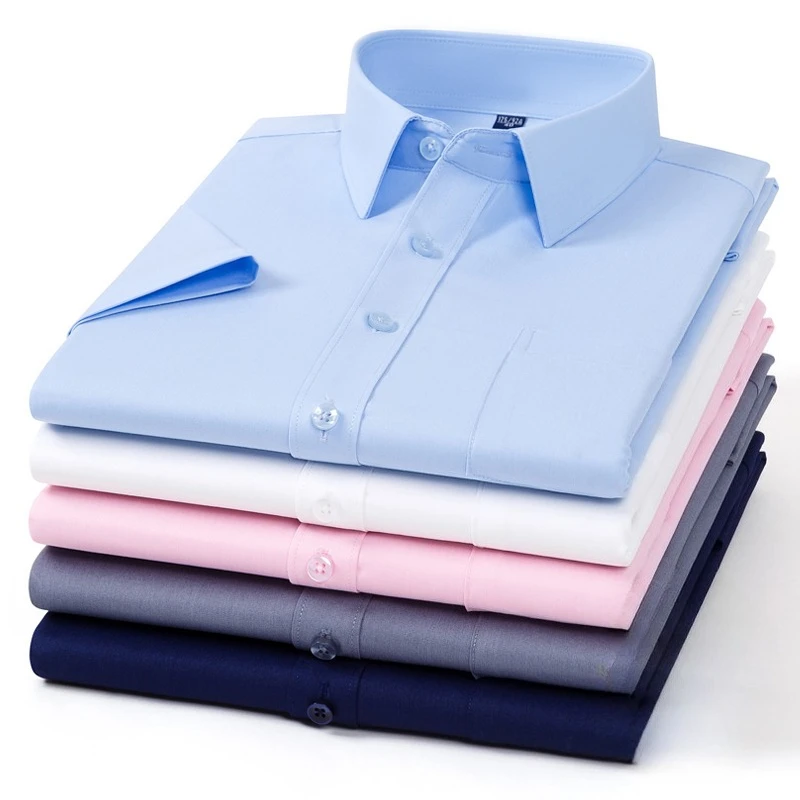 Plus size 7XL Bamboo fiber summer short sleeve shirts for man slim fit formal plian soft anti-wrinkle office white pink clothes