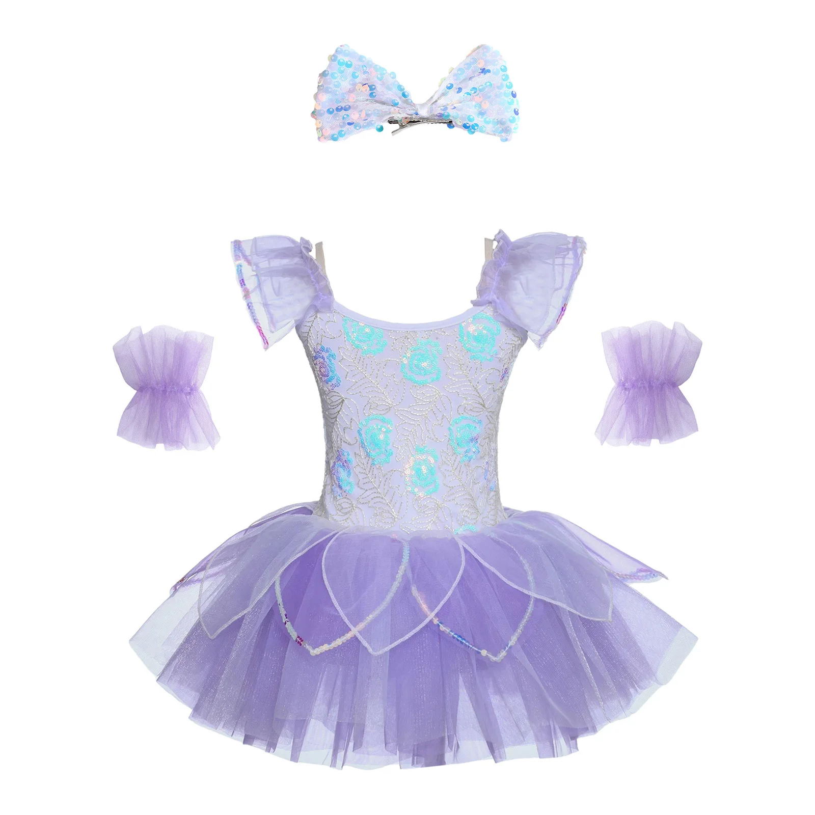 

Kids Girls Ballet Dance Dresses Stage Performance Dancewear Sequins Embroidery Bodice Layered Tutu Dress with Headwear And Cuffs