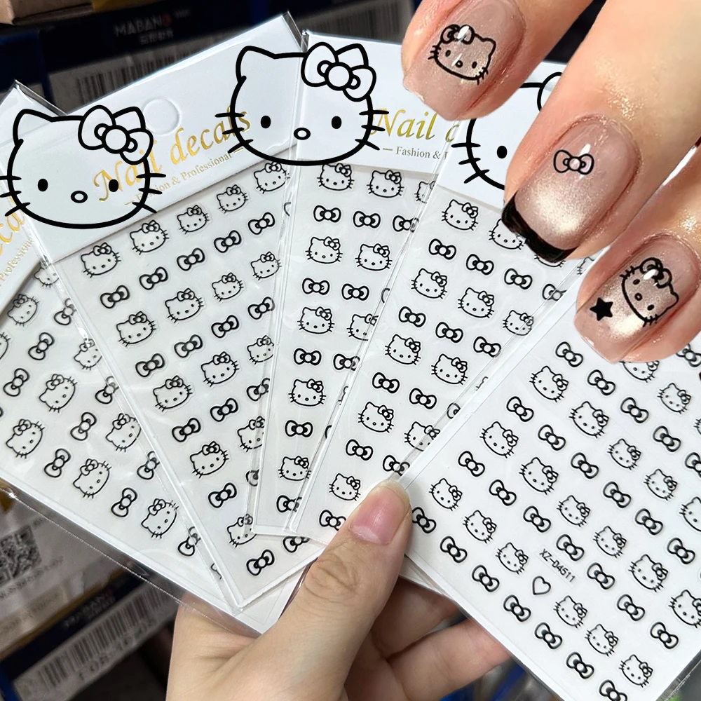

5/6Pcs Black Hello Kitty Head Bow Nail Stickers Kawaii Red/White Cute Kitty Bowknot Nail Decals KT Cat Stickers Nail Decoration