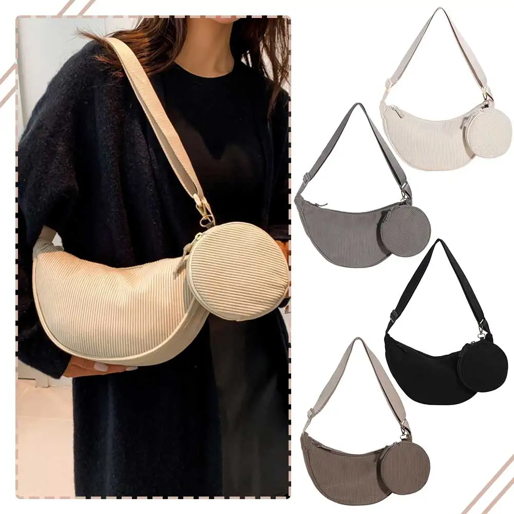 코듀로이 슬링 크로스바디 백 조절 가능한 스트랩 여성용 하프 문 백 지퍼 클로저 2개 세트 쇼핑 데이트 휴가용