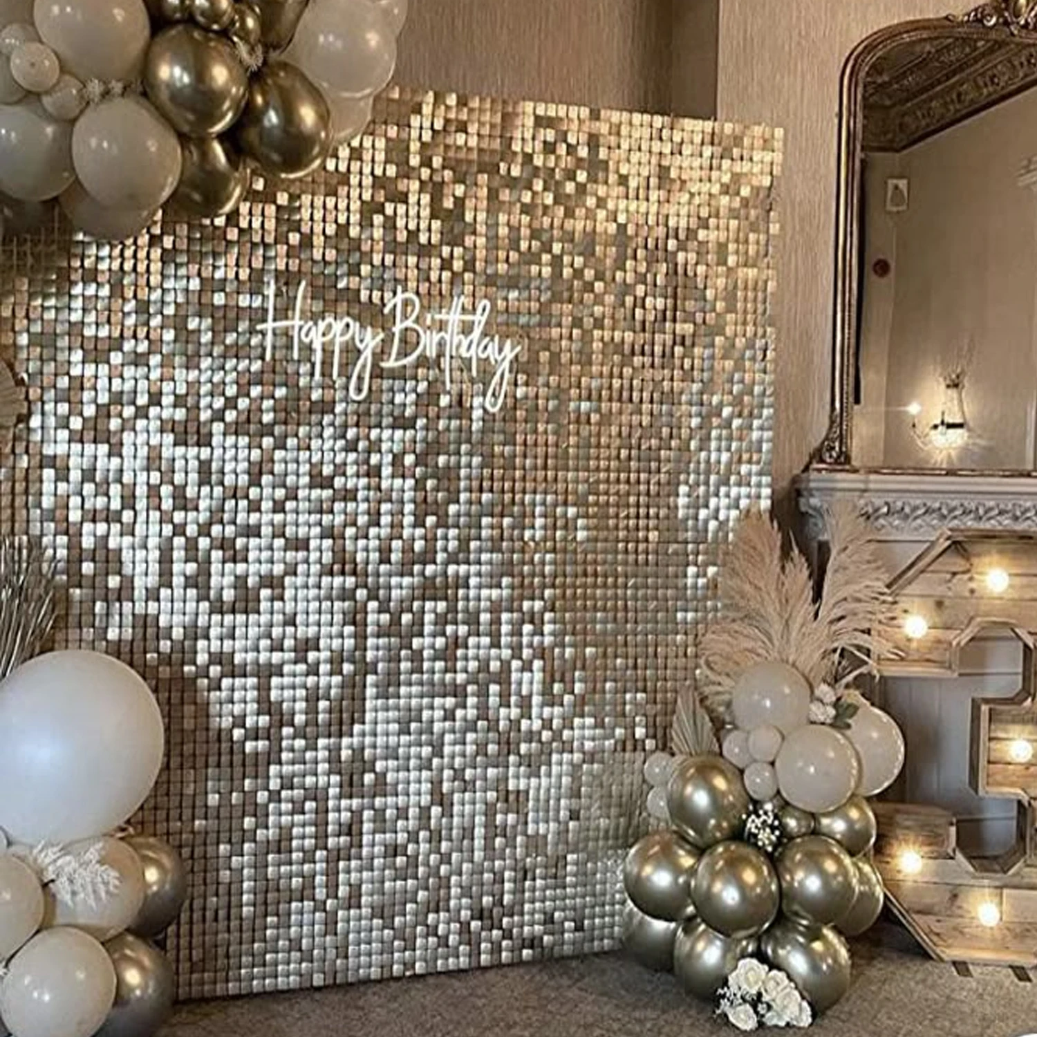 

12/24/36/49pcs Large Shimmer Wall Backdrop Champagne Gold Square Glitter Panels DIY Wedding Anniversary Birthday Party Backdrop