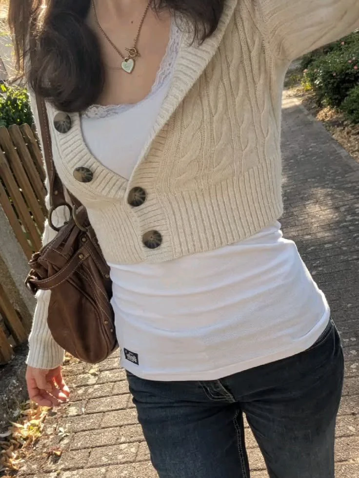 Beige Twist Flower Cropped Sweater Cardigan Women Single Breasted Long Sleeve Slim Hooded Tops Cute Sweet Vintage Sweaters Y2K