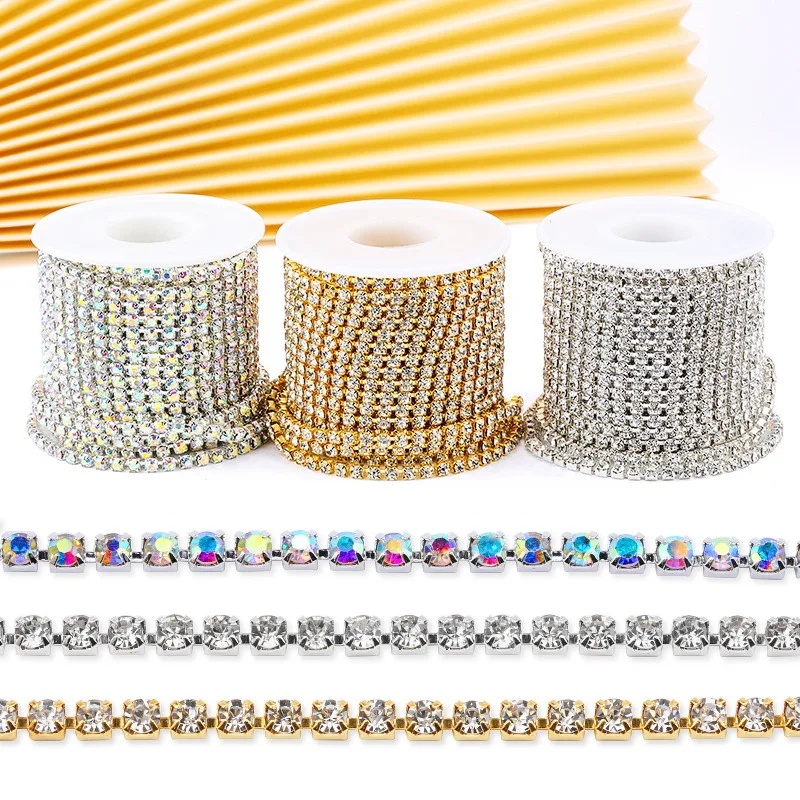 Sparkly Rhinestone Crystal AB Cup Chain Flat Back Sew Glue Trim DIY Bridal Wedding Party Decoration Supplies 10M/Roll