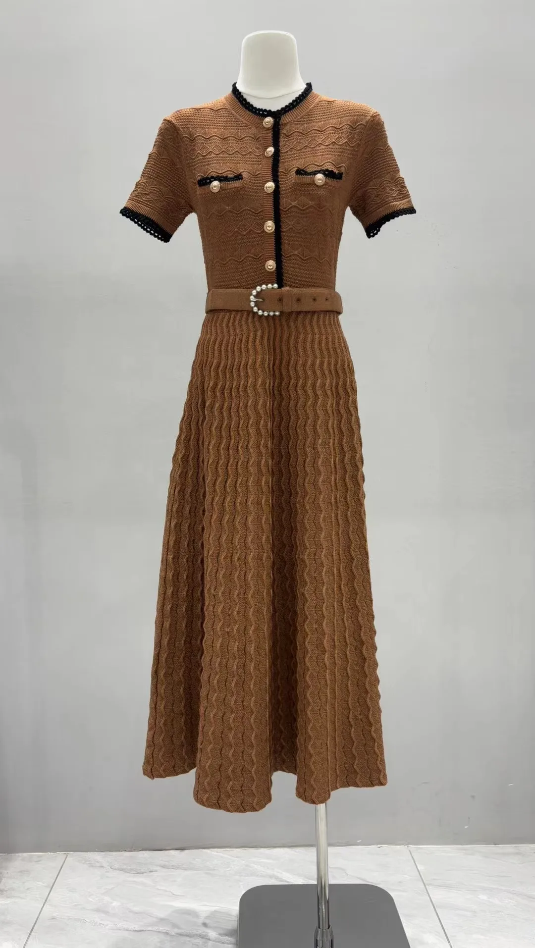 Texture Wave Pattern Knitted Long Skirt Round Neck Contrasting Border Short Sleeved Decoration Fake Pocket with Belt Dress