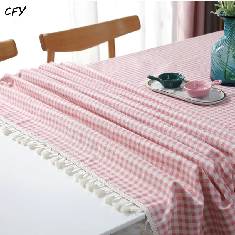 

Nordic Plaid Small Fresh Tablecloth with Lace Hem Cotton Linen Map for Desk Soft Cover Pendant Tea Table Pad Meal Cloth
