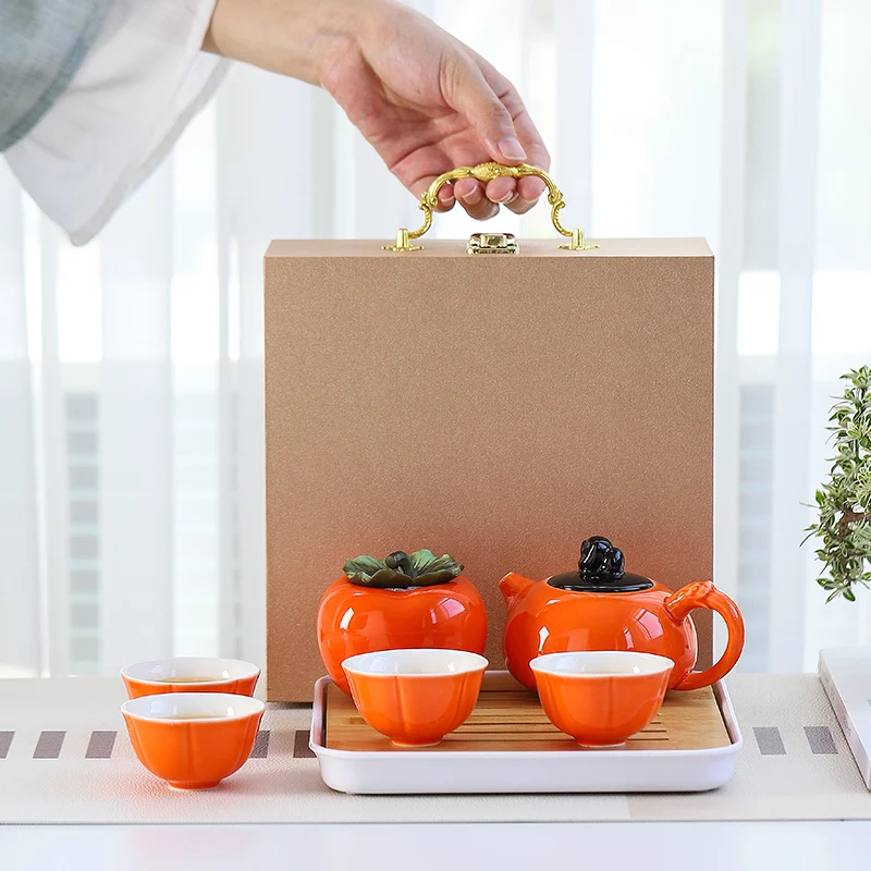 

Persimmon Ruyi Tea Set Persimmon fashion designer Teapot Teacup Gift Box Ceramic Cup Travel Outdoor Brewing Tea cups