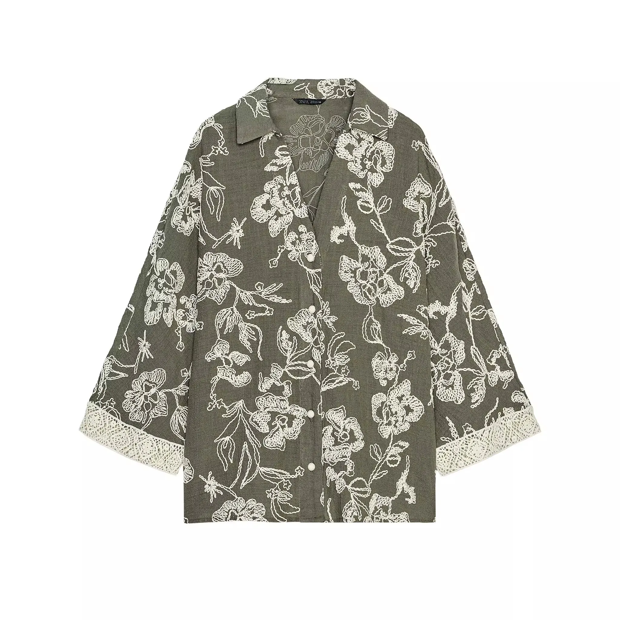 

New Summer Women's Pants Embroidered Lace Cuff irt Stand Collar Button Closure Loose Fit Commute Sle Seven Sve Length