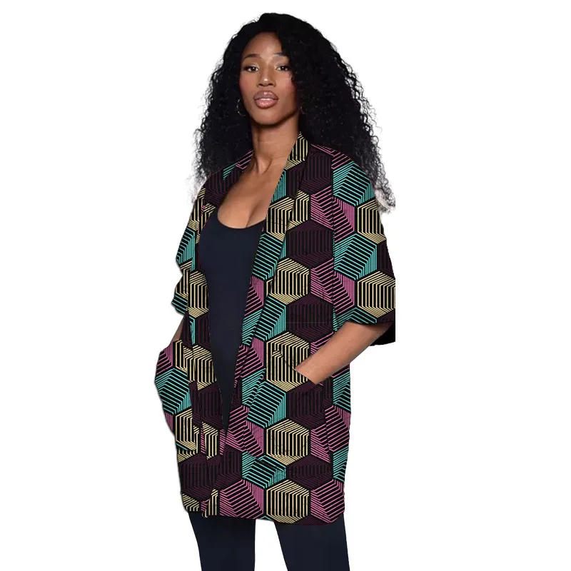 

Colorful Print Women's Cardigan Jackets African Design Couture Shawl Collar Overcoat Tailored Half Sleeve Blazers