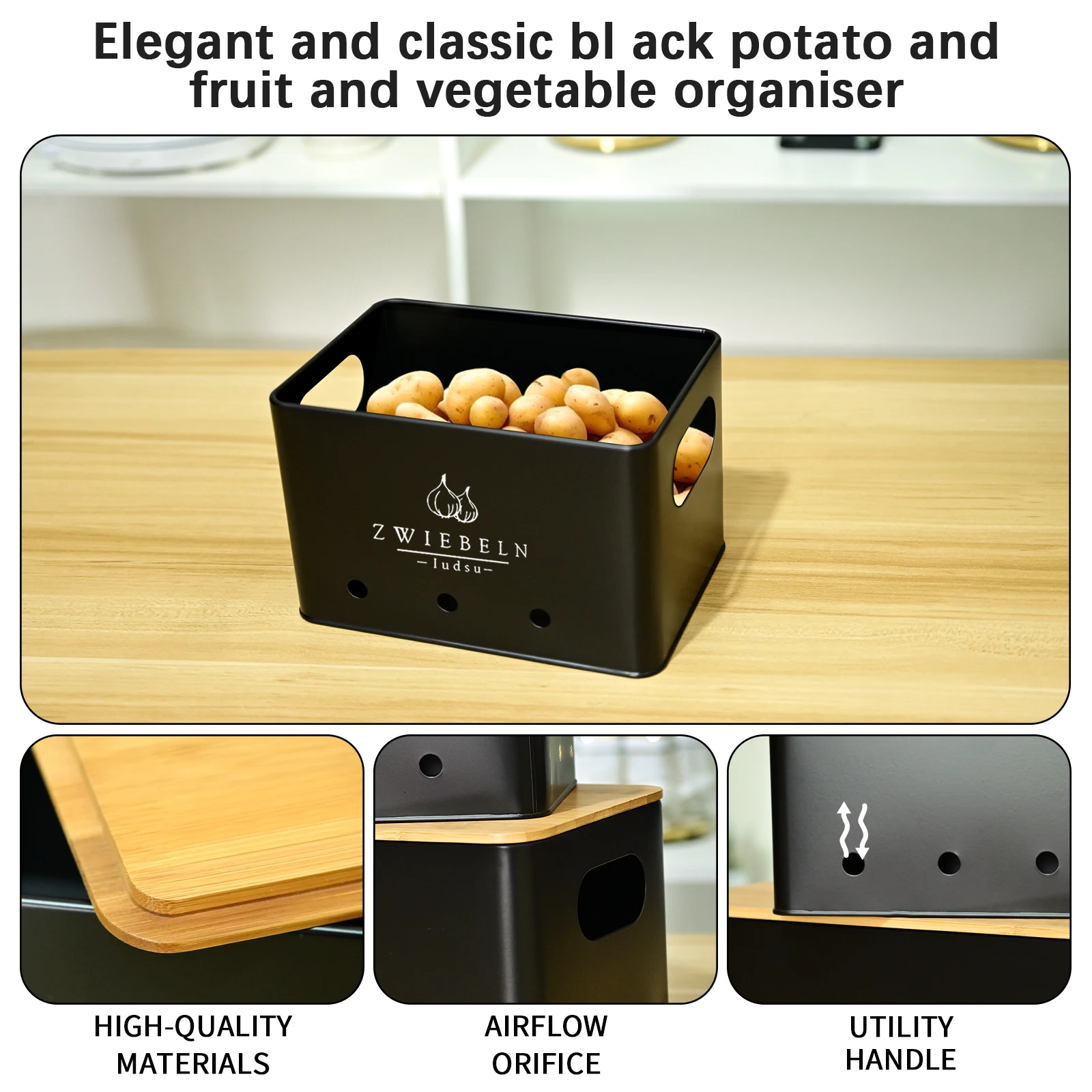 SAEIV Hochwertiges 3-Stück Metallische Kartoffelbox Set mit Natürlichem Bambusdeckel – Stapelbare Aufbewahrungsboxen für Kartoffeln, Zwiebeln & Knoblauch (mit Lüftungslöchern) – Arbeitsfläche oder Vorratsschrank – Detail 4