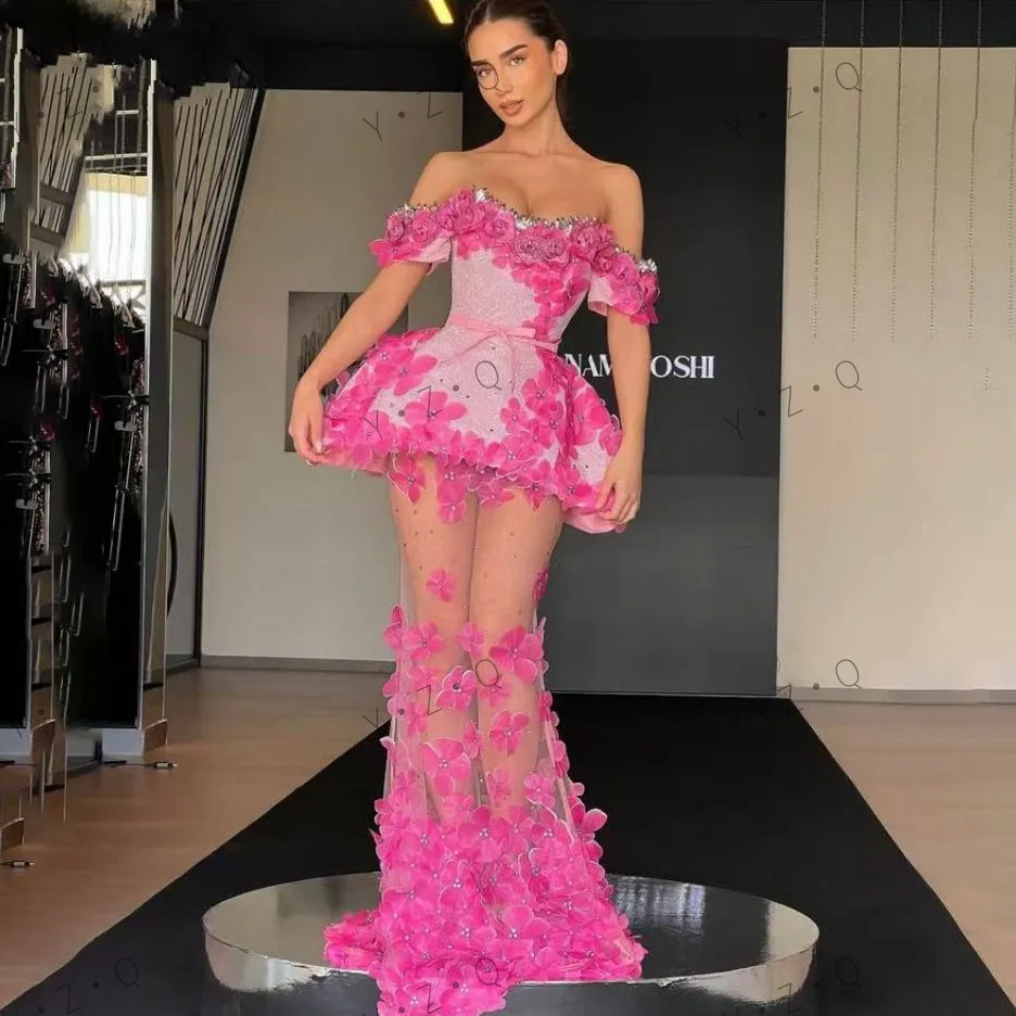 

3D Floral Maxi Dresses Beaded Peplum Pink Tulle Prom Gowns Mermaid Corset Long Prom Dress Flowers Sweetheart Neck Lace Up