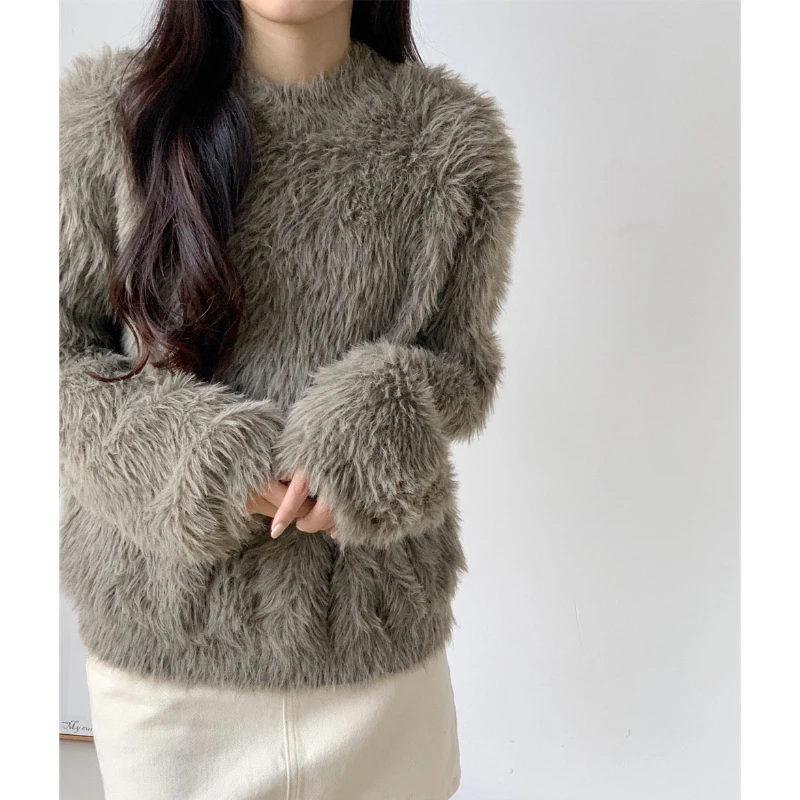 Women Long Sleeve Fluffy Loose Warm Sexy Crew-neck Sweater 2023 Autumn Winter New In Korean Fashion