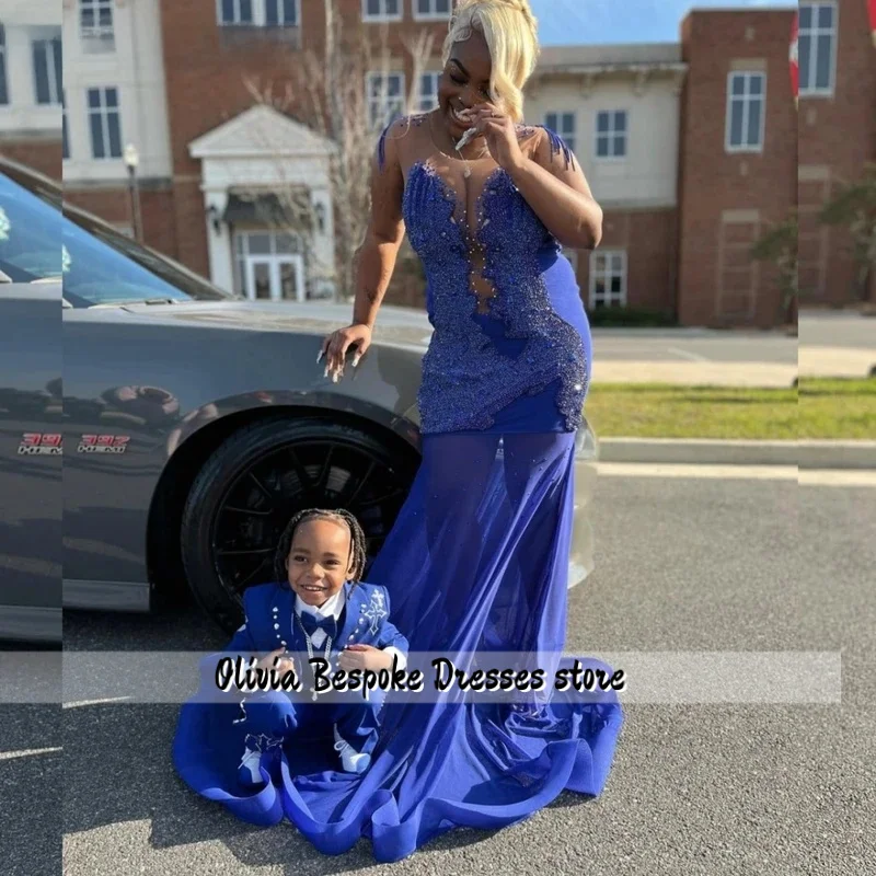 Personalizado glitter azul real sereia vestido de baile preto meninas rendas apliques cristal frisado vestido de festa de aniversário