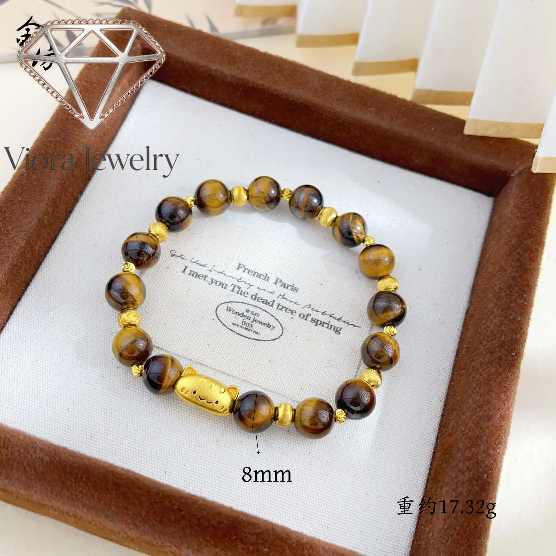 Viora Jewelry 9999 national trend style baguette cat DIY tiger eye stone 24K real gold bracelet Ping  kitten women's  niche exqu