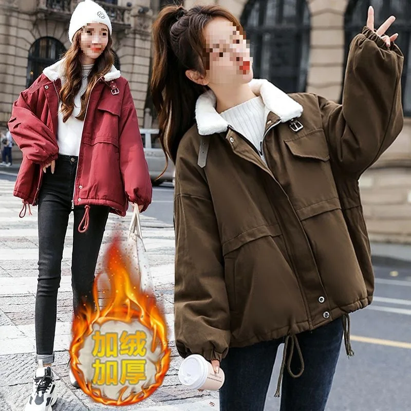 Winter Korean Version Cotton Jacket with Women's Plush and Thick Workwear, Parker Cotton Jacket, Winter Plus Size Loose Lambhair